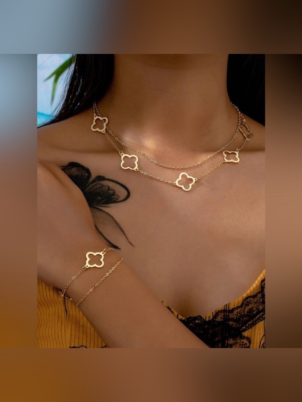 Gold Clover Necklace and Bracelet Set